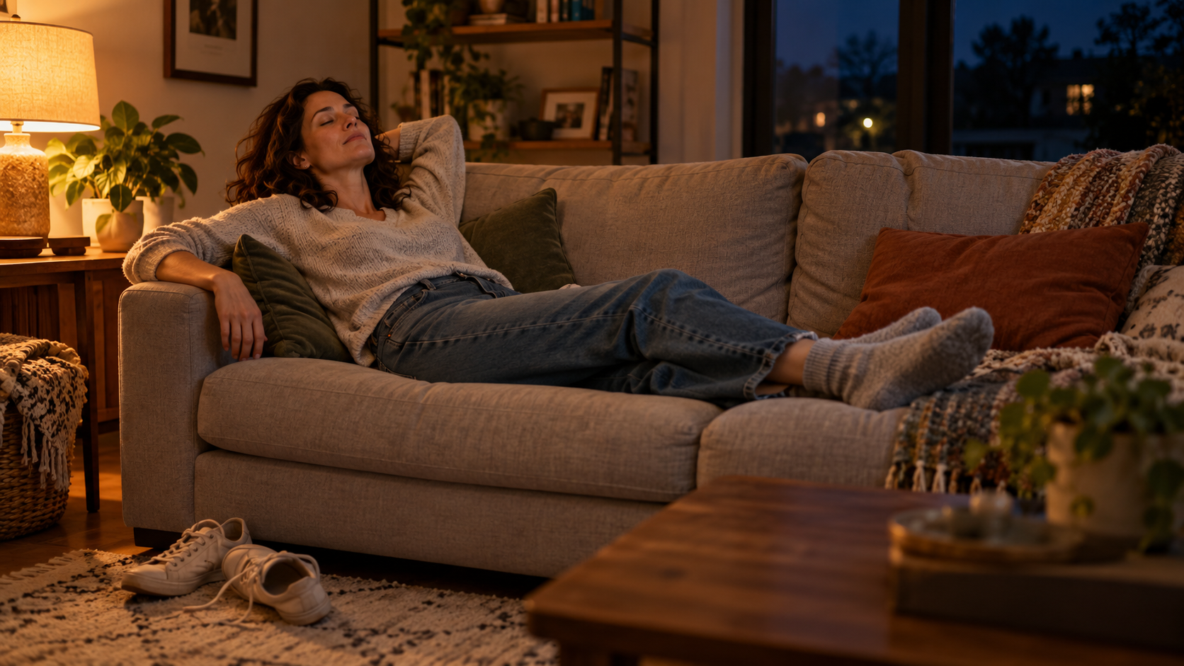 Mulher relaxando no sofá de casa numa sexta à noite