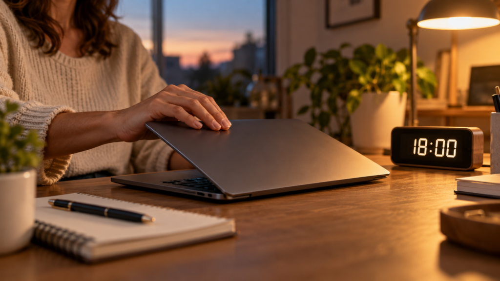 Mão fechando o notebook sobre a mesa ao fim do dia, com um relógio digital marcando 18h