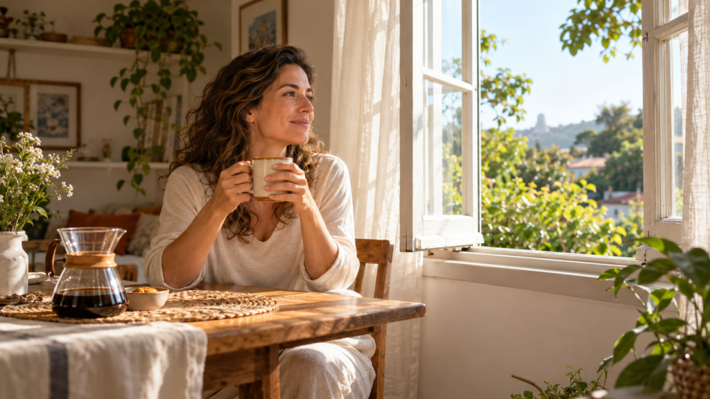 Mulher tomando café à janela numa manhã de sábado ensolarada, com expressão tranquila