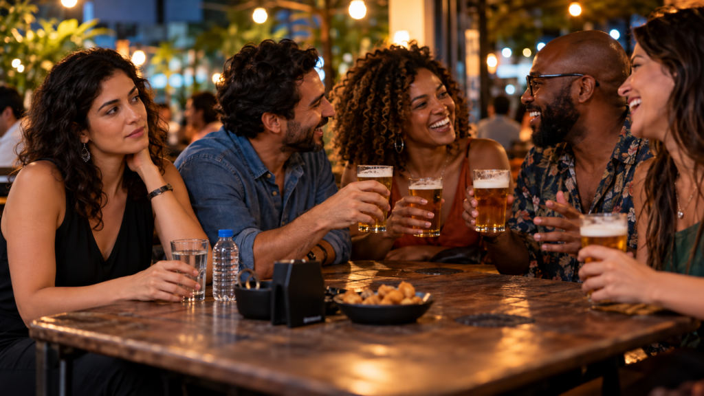 Amigos rindo à mesa de um bar à noite; uma mulher bebe água enquanto os outros tomam cerveja