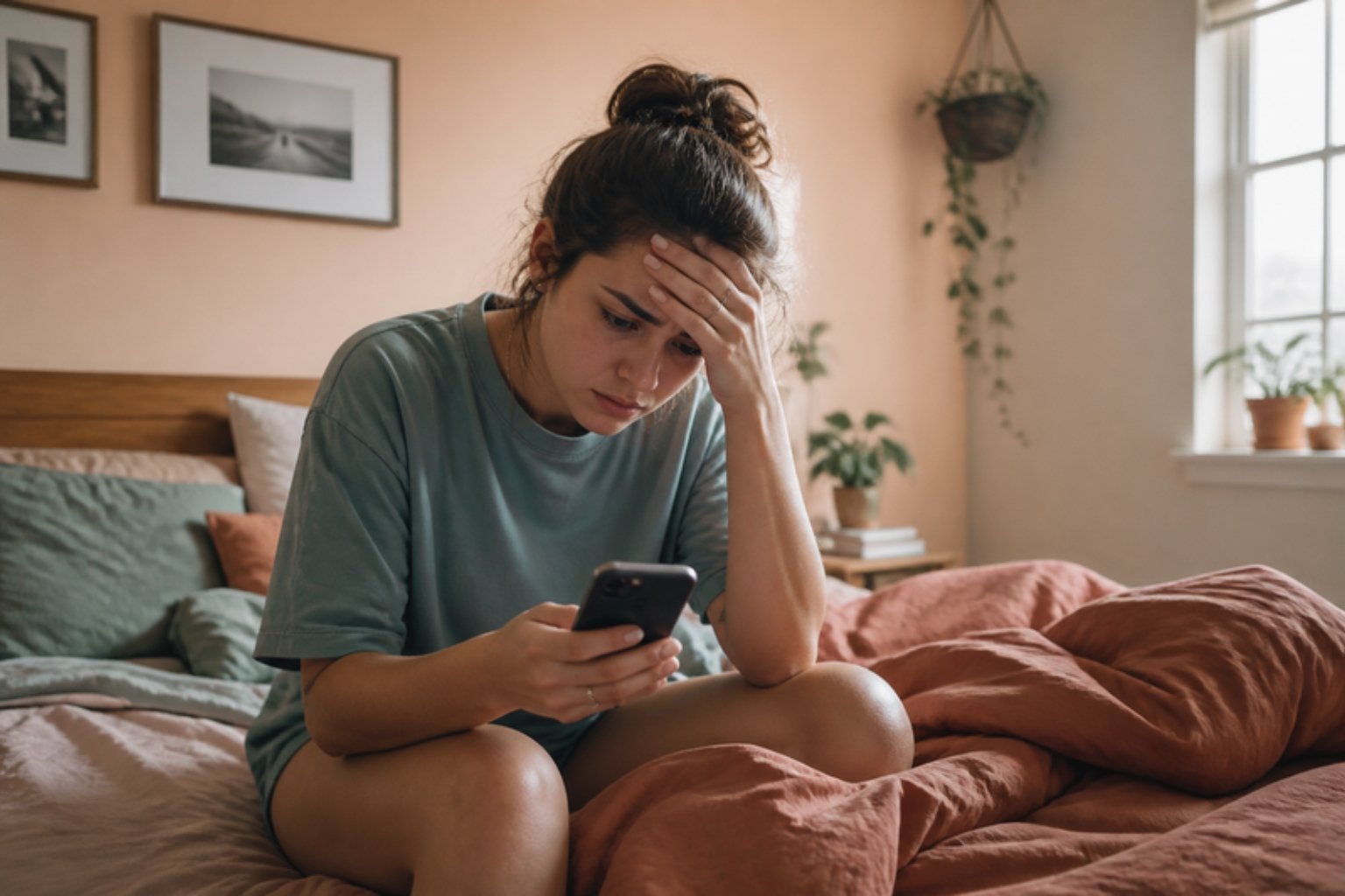 Pessoa sentada na cama de manhã, olhando o celular com expressão preocupada