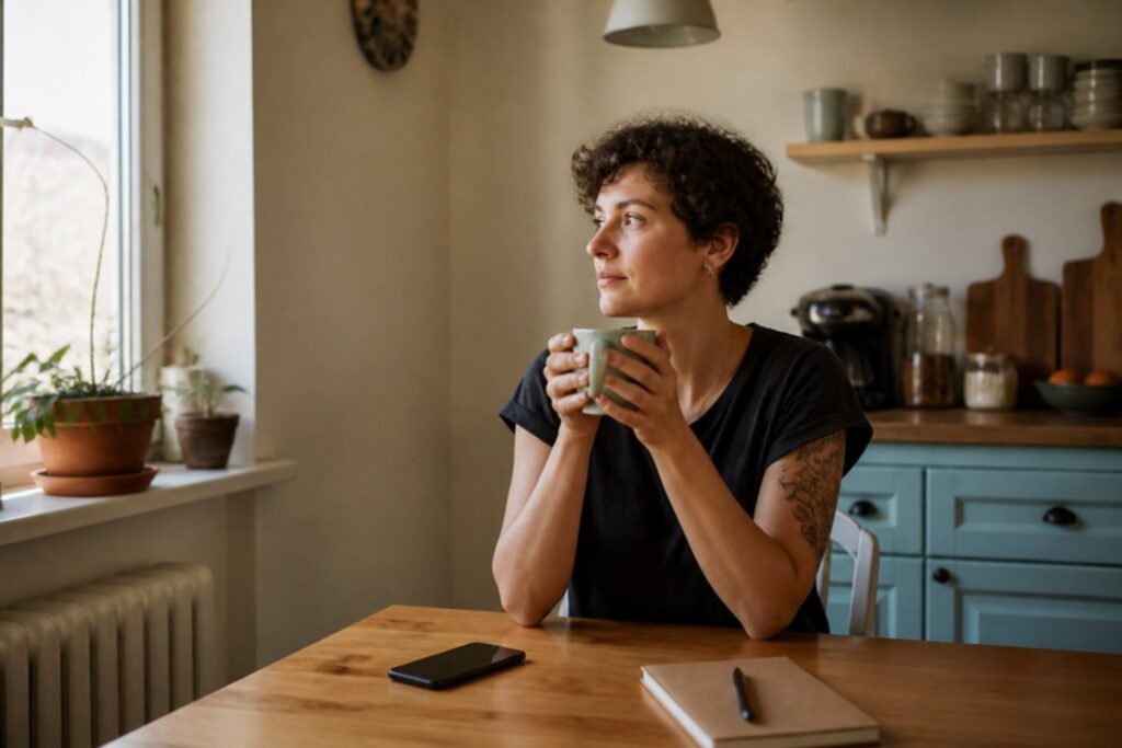 Pessoa tomando café na cozinha, pensativa, com o celular virado para baixo