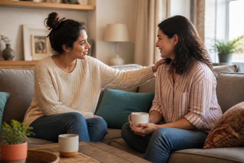 Duas amigas conversando no sofá, uma acolhendo a outra com a mão no ombro