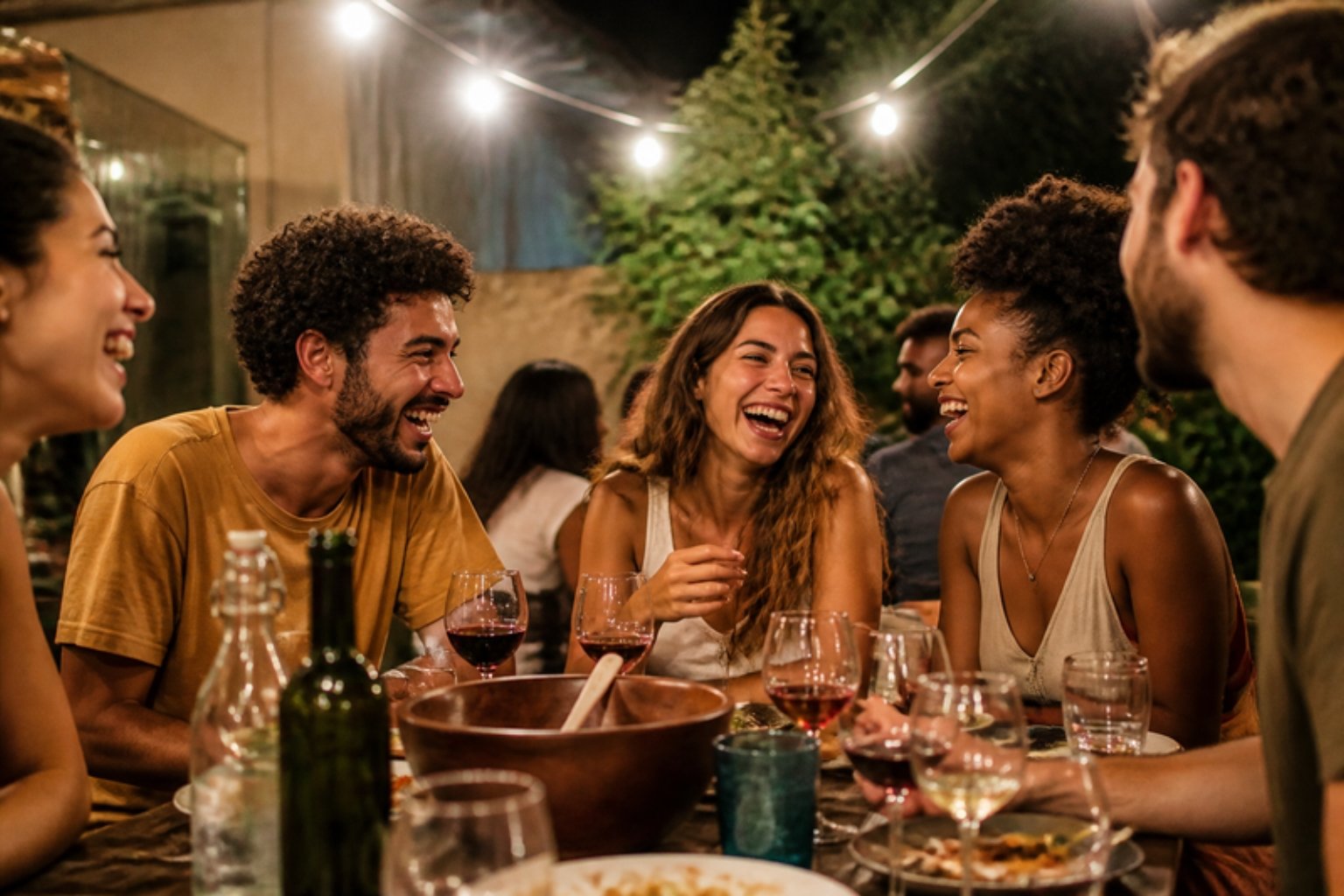 Grupo de amigos rindo ao redor de uma mesa num encontro à noite, com luzinhas e copos na mesa