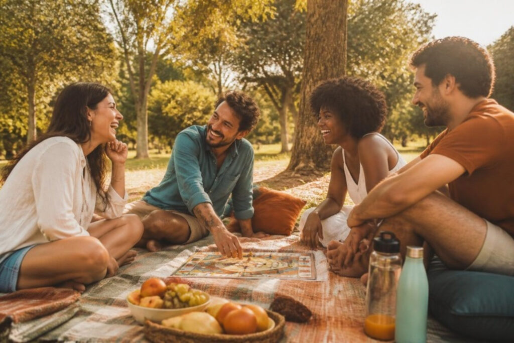 Grupo de amigos rindo juntos num piquenique ao ar livre