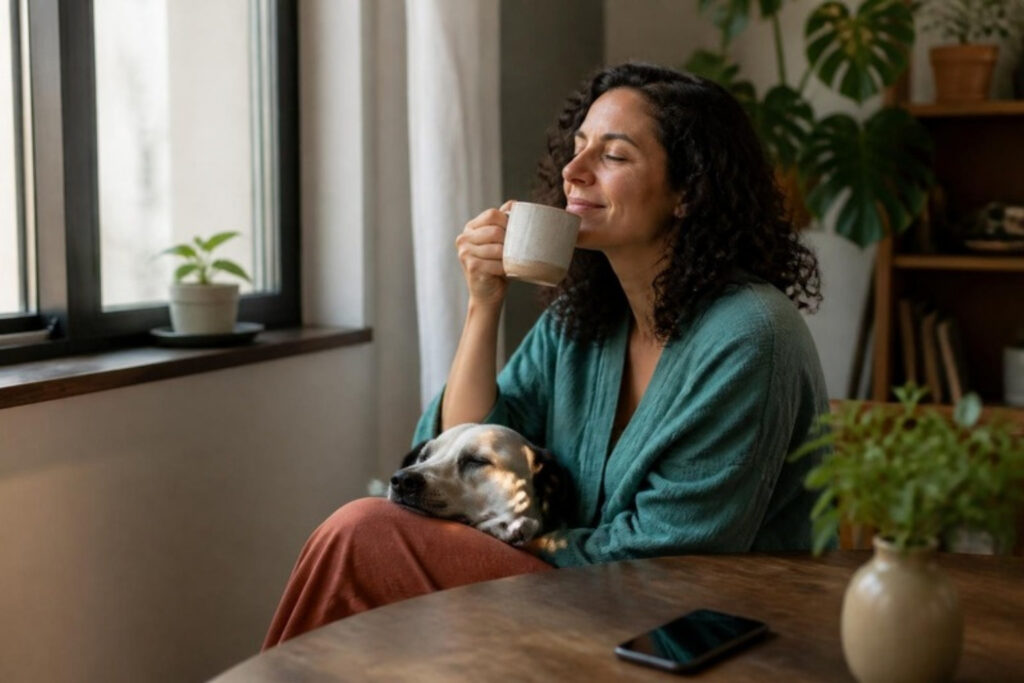 Pessoa tomando café perto da janela com um cachorro no colo