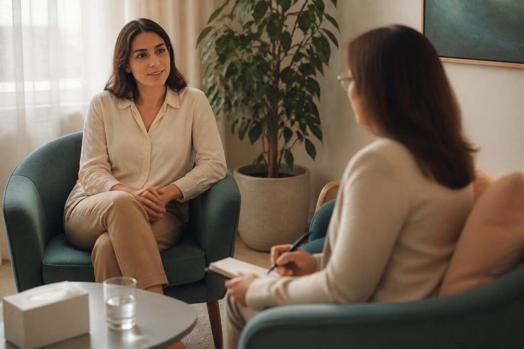 Pessoa conversando com uma psicóloga num consultório acolhedor