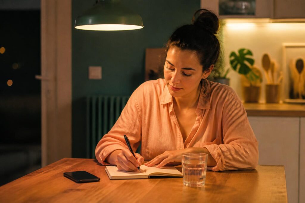 Pessoa anotando num caderno à mesa da cozinha, com um copo de água ao lado