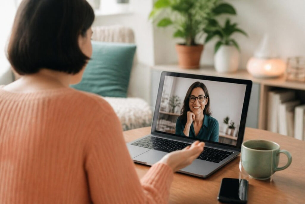 Pessoa em sessão de terapia online por videochamada no notebook, conversando com a psicóloga