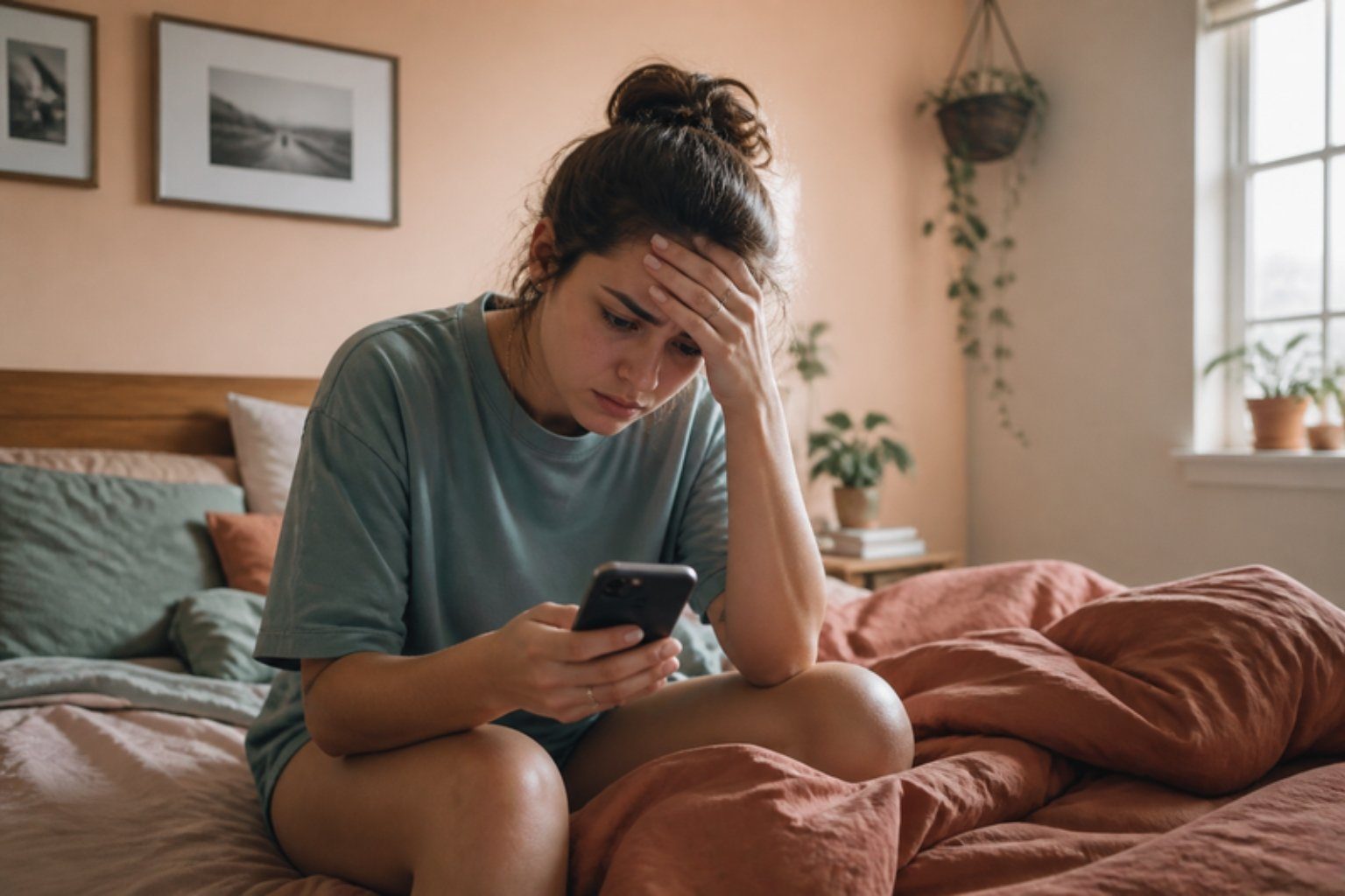 Pessoa sentada na cama de manhã, olhando o celular com expressão preocupada
