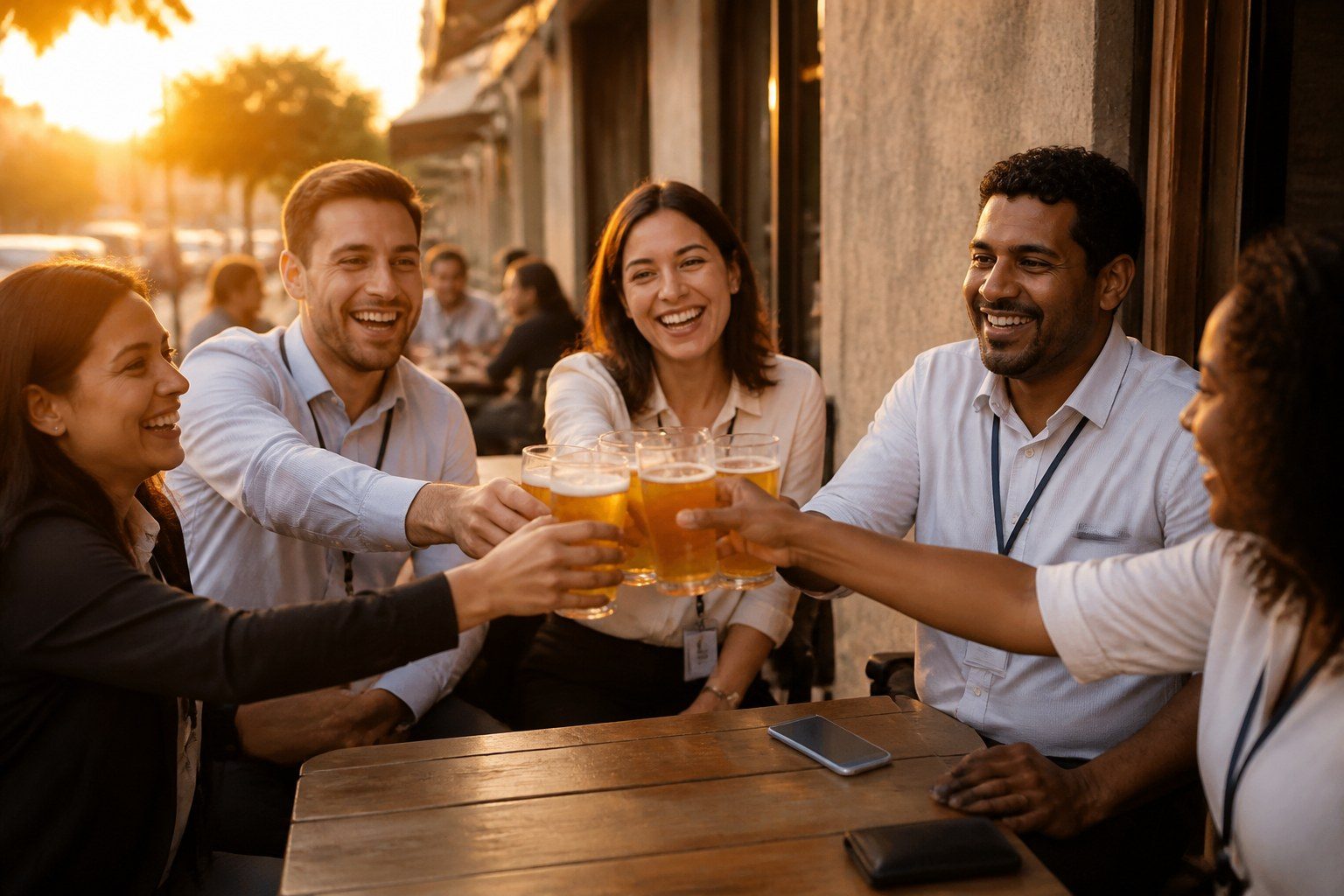 Colegas de trabalho brindando com cerveja num bar de calçada no fim da tarde de sexta-feira