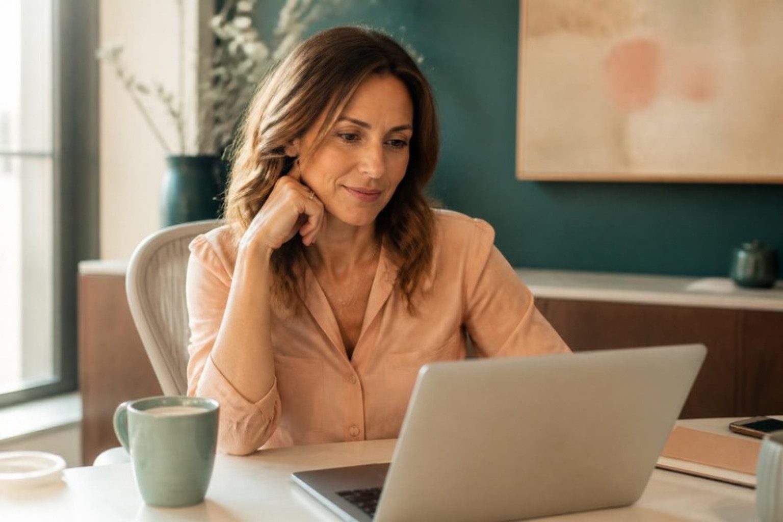Pessoa trabalhando no notebook com uma xícara de café, sorriso educado e olhar cansado